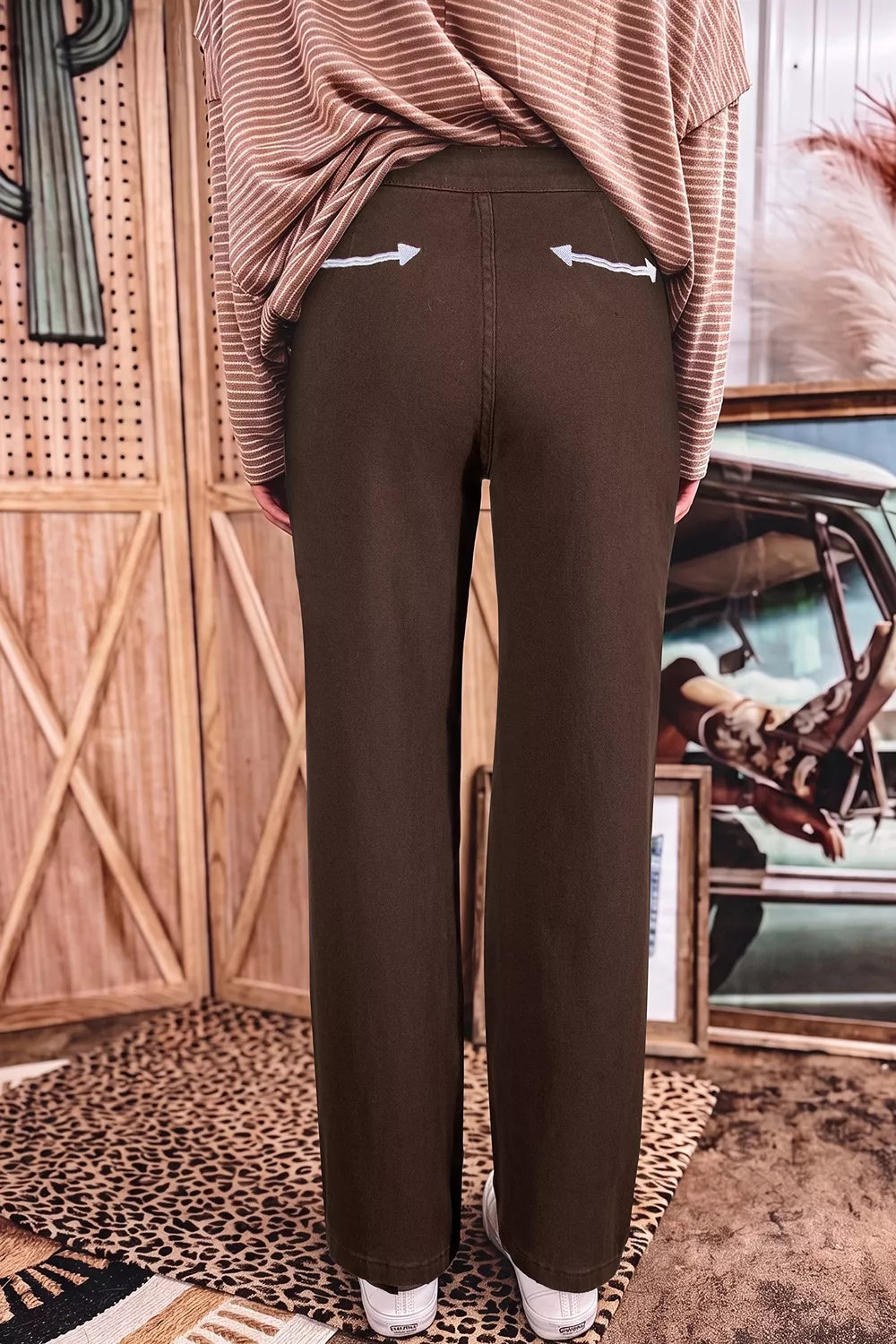 Western Colorblock Pockets Button Fly Decorative Belt Loops Straight Leg Jeans