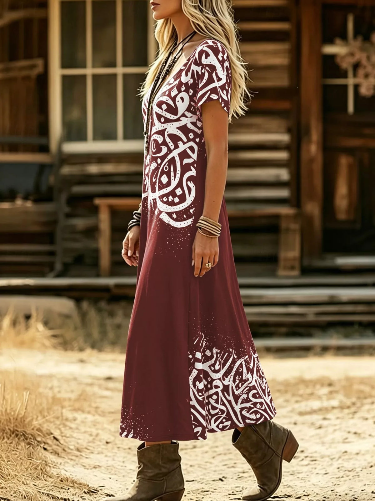 Printed Short Sleeve Midi Dress