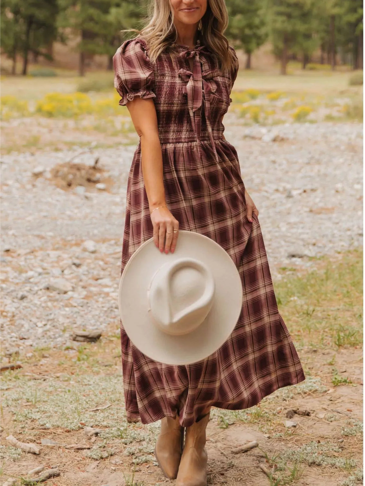 Plaid Knot Front Smocked High Waist Midi Dress