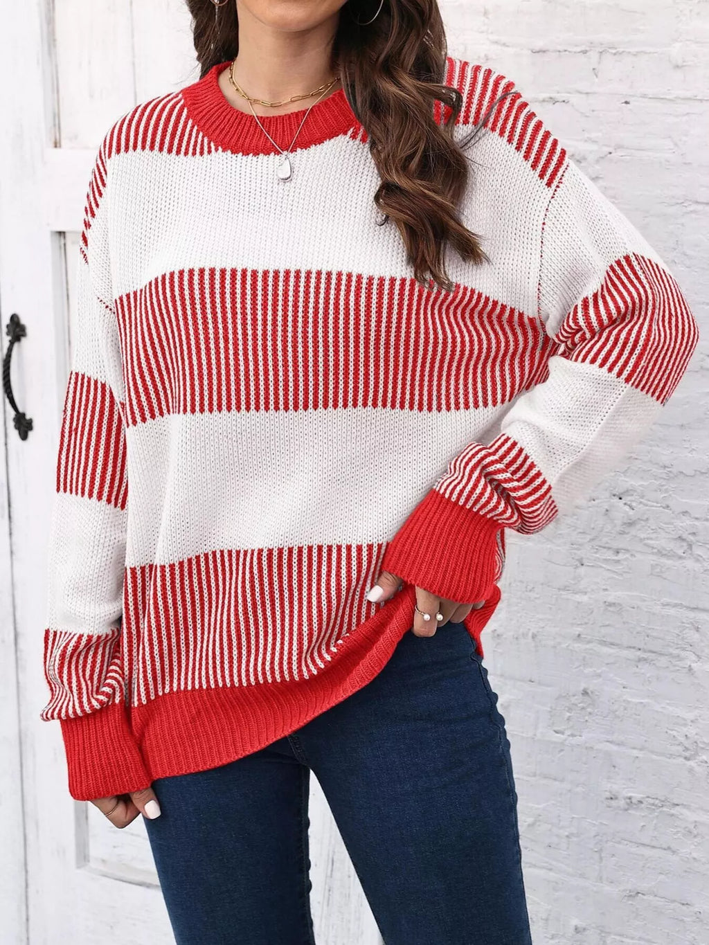 Full Size Striped Color Block Crew Neck Sweater Plus Size