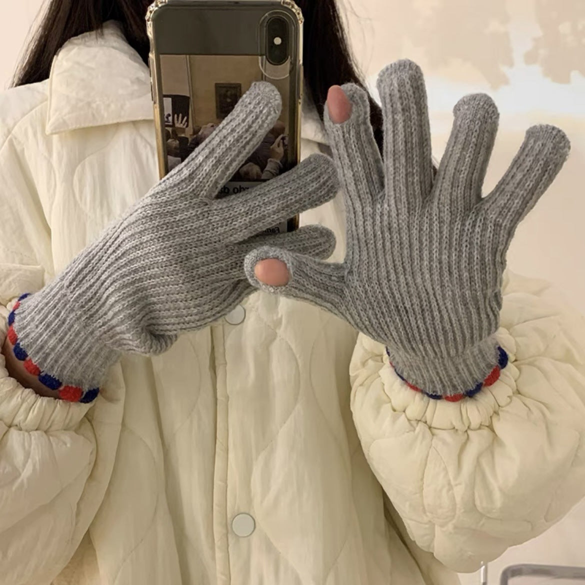 Winter Fingerless Knitted Gloves Touchscreen Warm Windproof