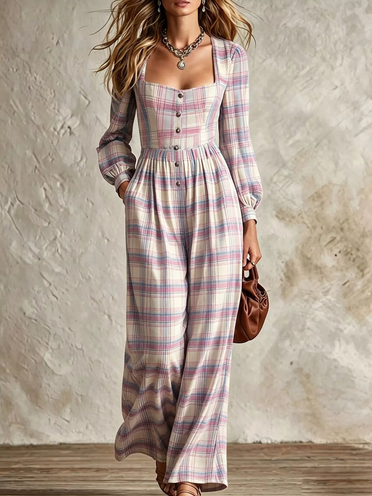 Plaid Square Neck Long Sleeve Wide-Leg Jumpsuit