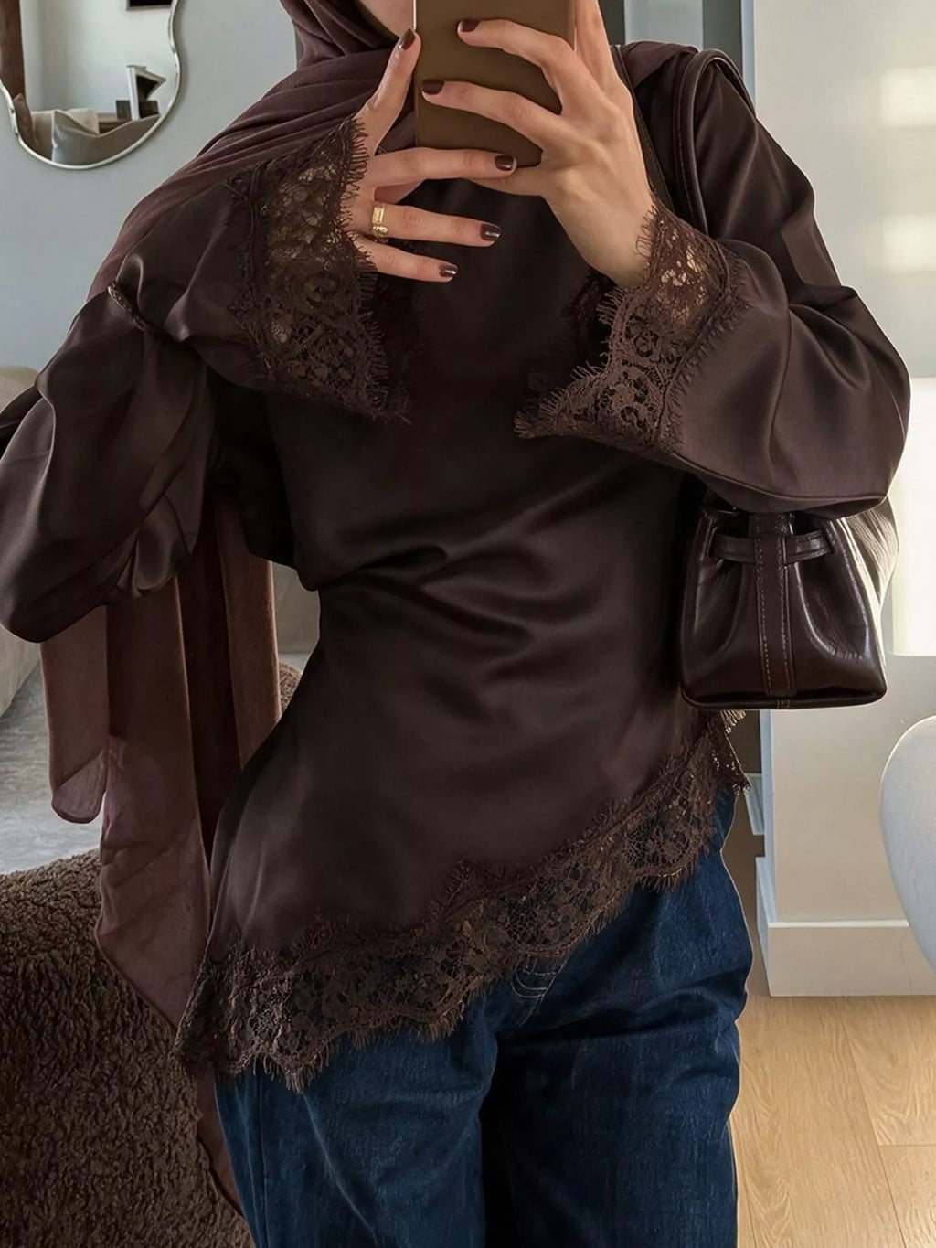 Lace Trim Long Sleeve Satin Blouse