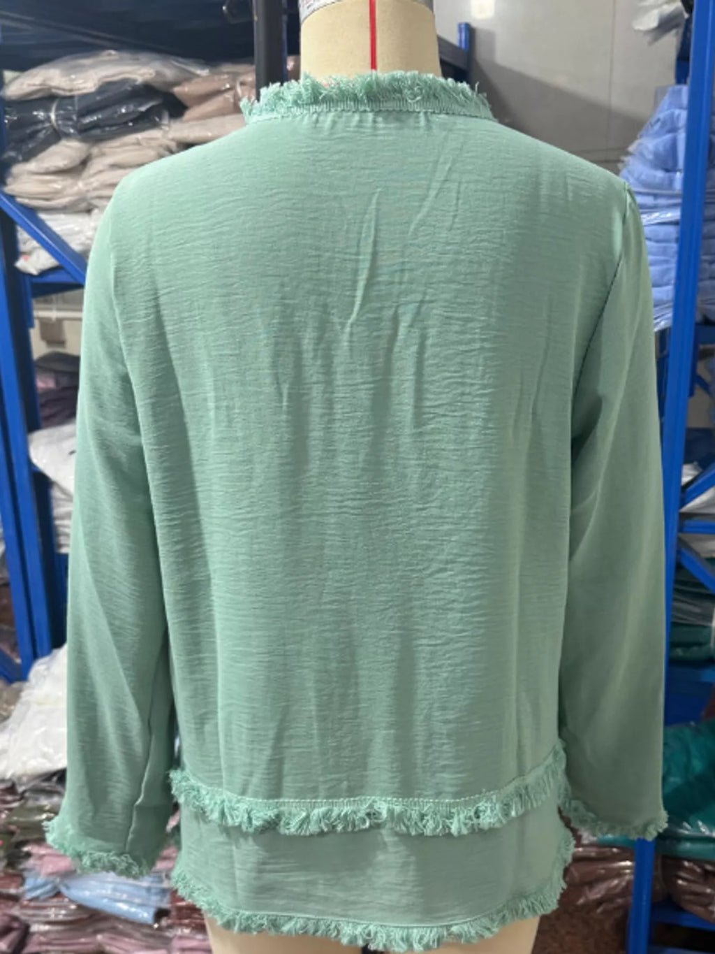 Full Size Frayed Hem V-Neck Long Sleeve Blouse Plus Size