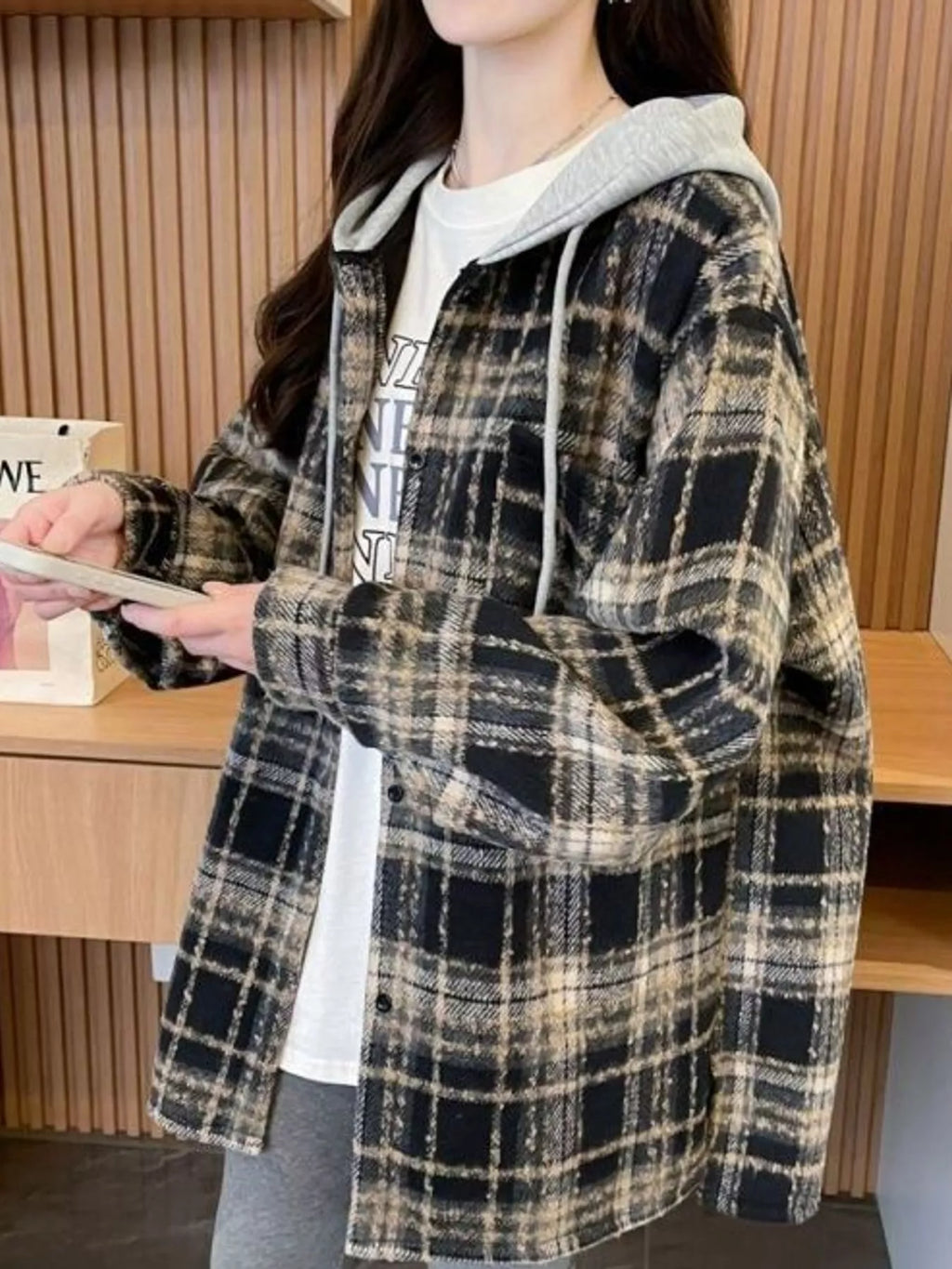 Plaid Button Up Hooded Shacket