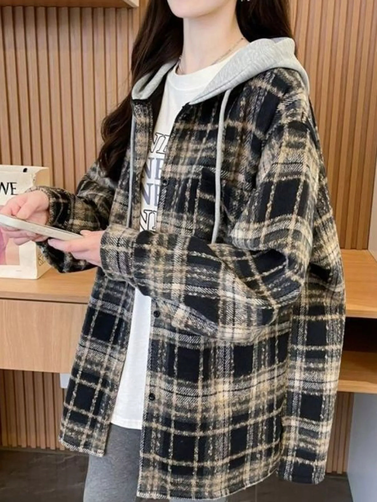 Plaid Button Up Hooded Shacket