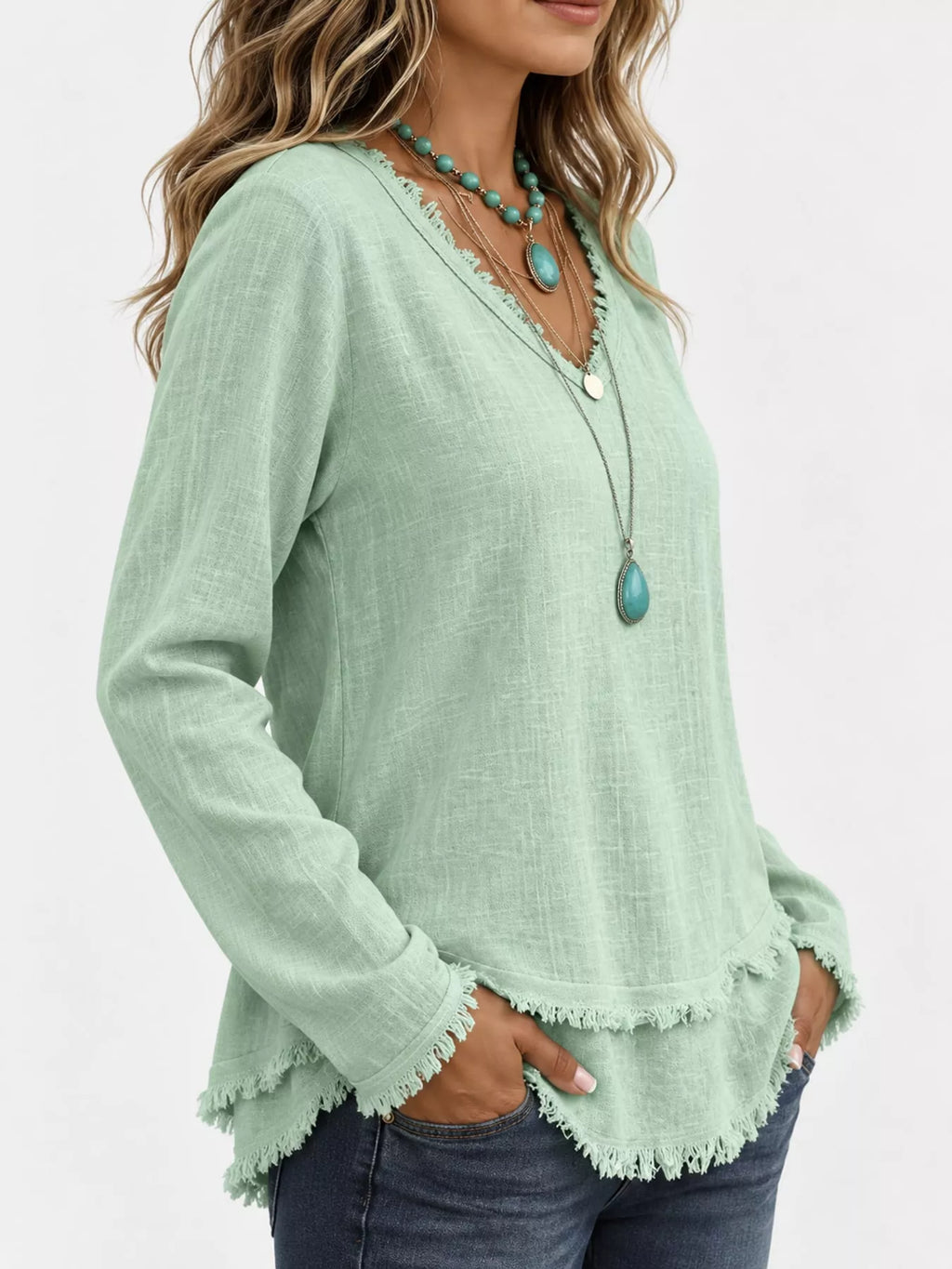 Full Size Frayed Hem V-Neck Long Sleeve Blouse Plus Size