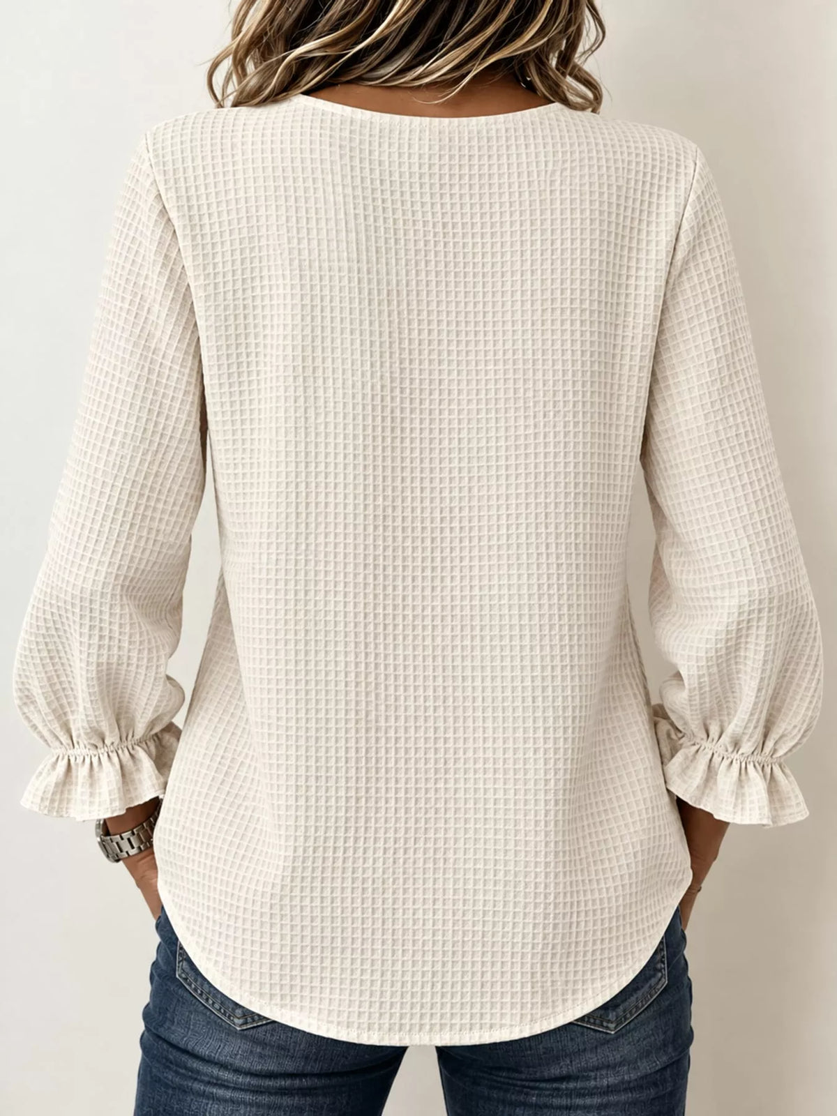 Full Size Waffle Knit Flounce Sleeve Blouse Plus Size
