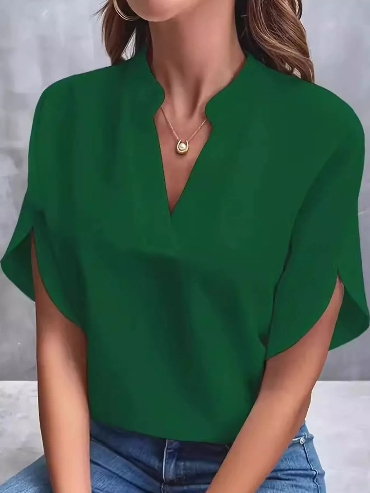 Notched Slit Short Sleeve Blouse