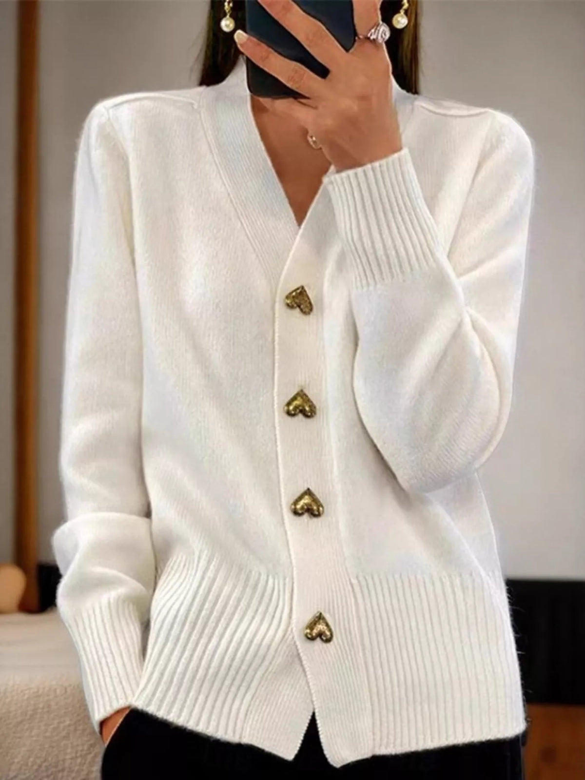 Full Size V-Neck Cardigan with Gold Heart-Shaped Buttons Plus Size