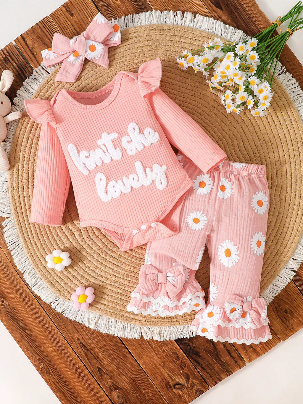 Children's Letter Bodysuit and Pants Set with Headband