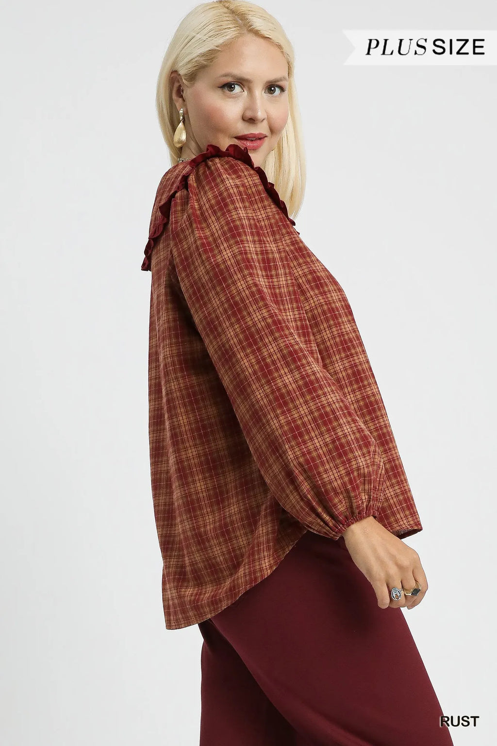 Plaid Ruffle Collar Blouse – Plus Size