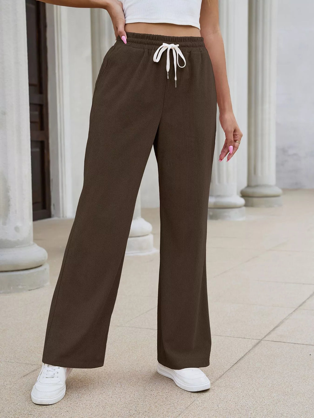 High-Waisted Drawstring Wide-Leg Casual Pants