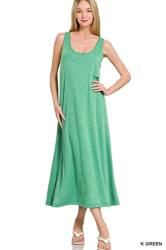 French Terry Twisted Strap Midi Dress in Green