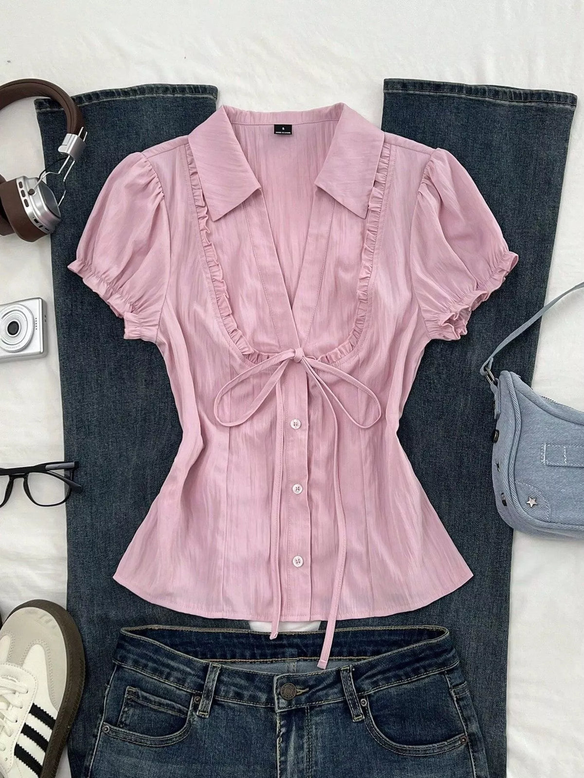 Frill Button Up Short Sleeve Shirt
