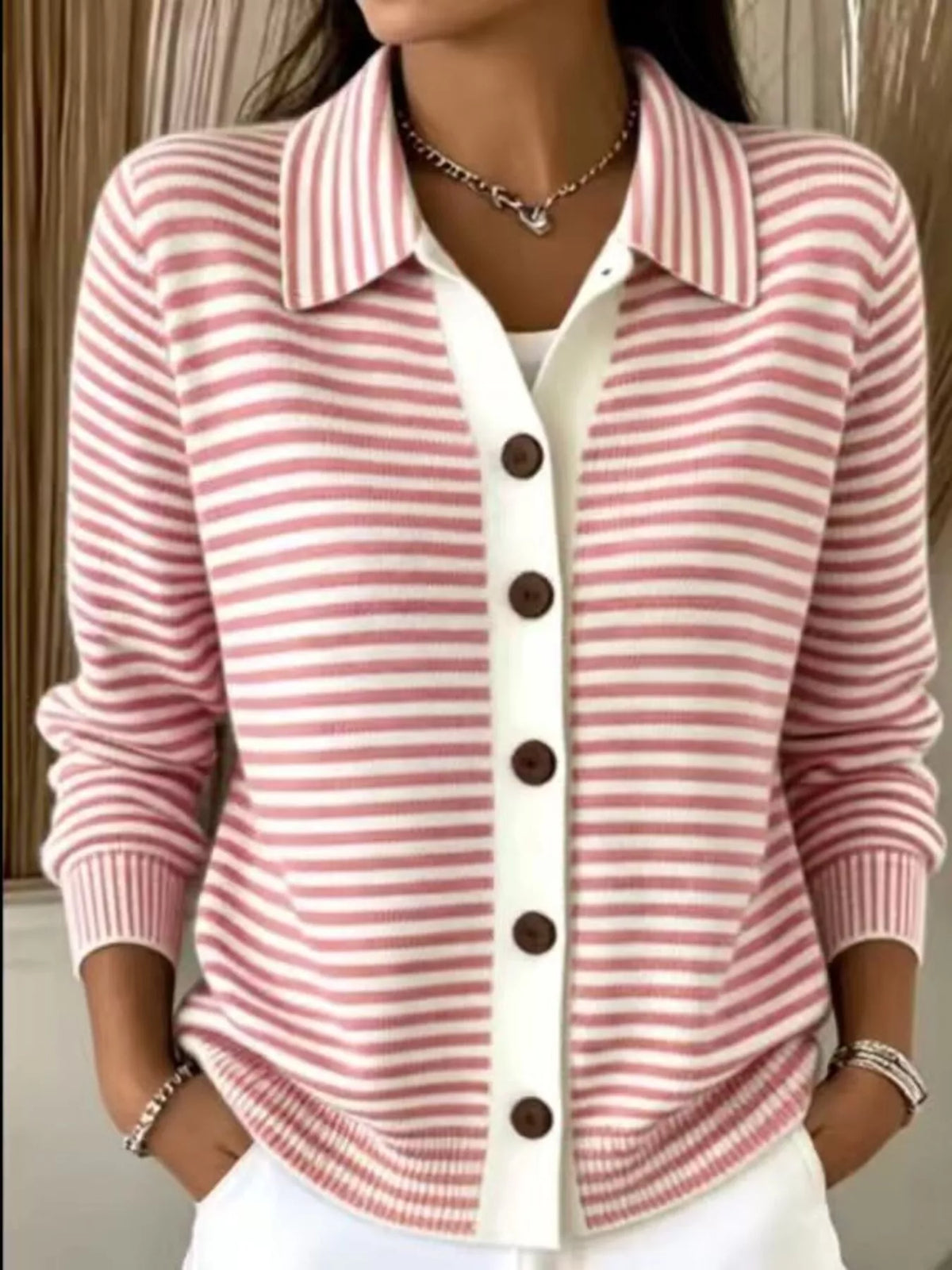 Striped Collared Button-Down Knit Cardigan