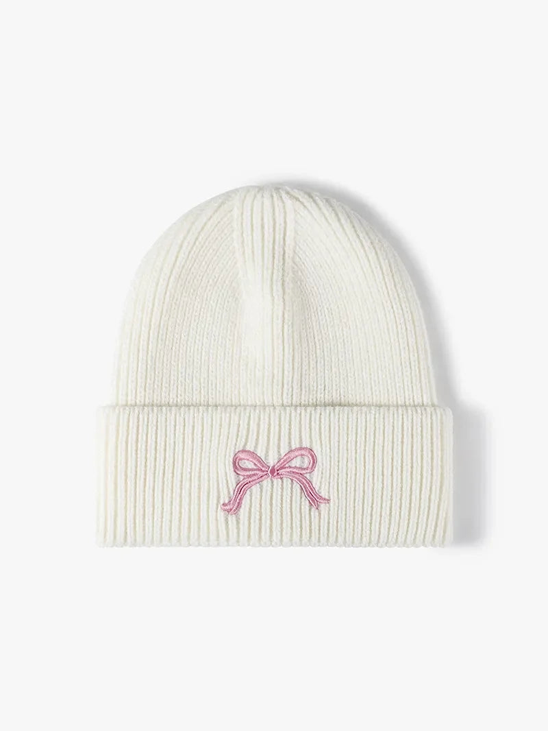 Embroidered Bow Ribbed Knit Beanie