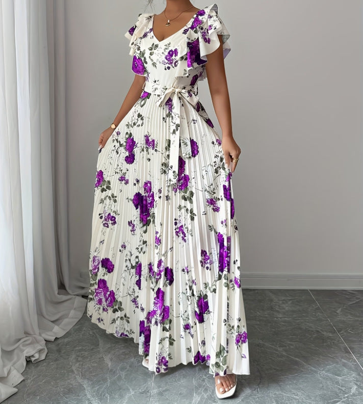 Women's V-neck Printed Ruffle A-line Dress