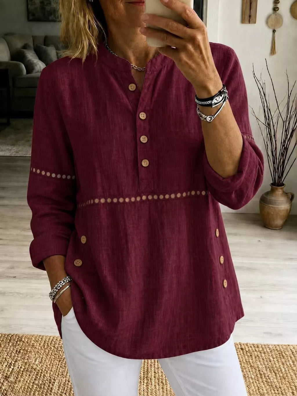 Full Size Button Detail Eyelet Long Sleeve Blouse Plus Size
