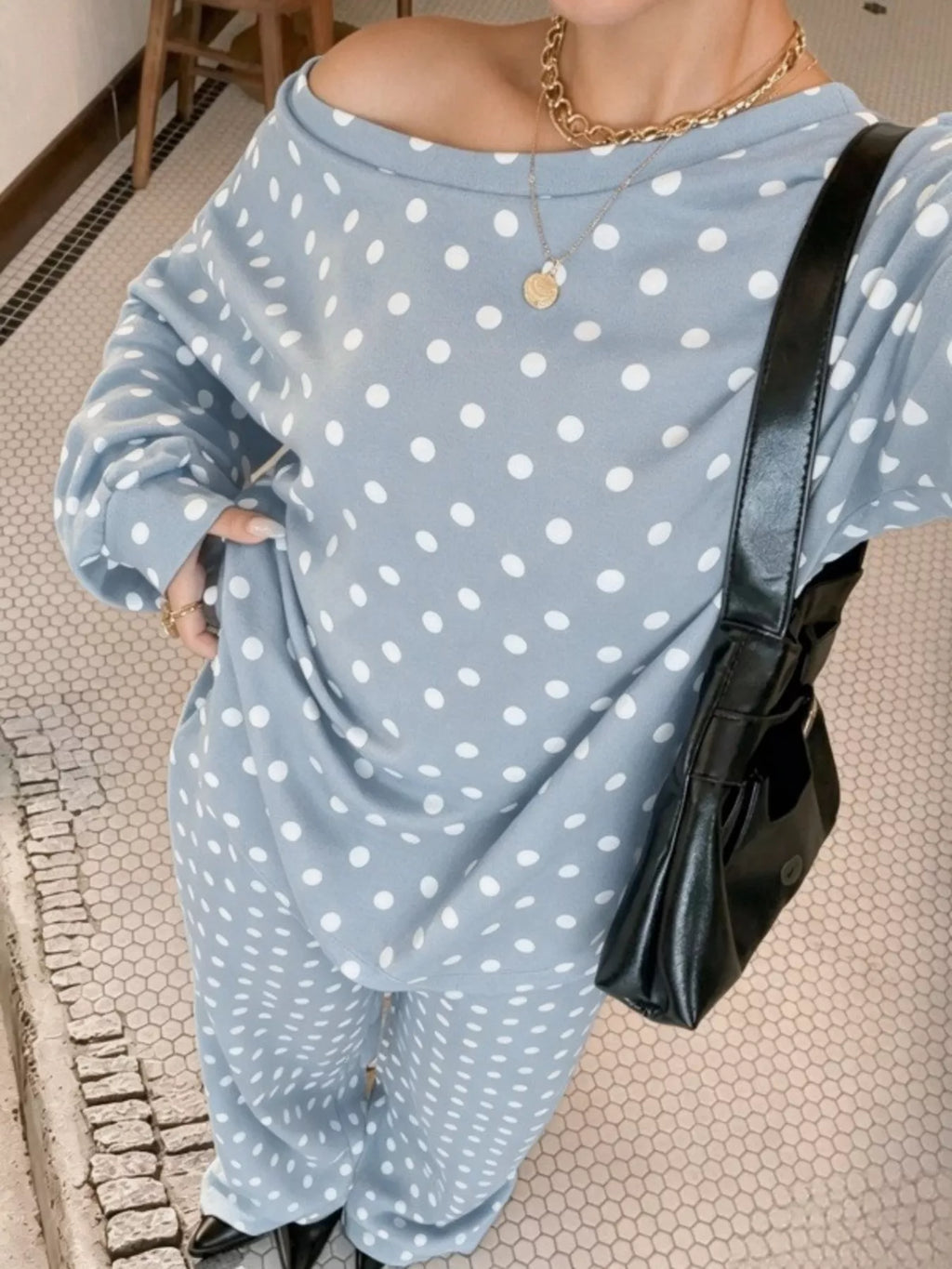 Polka Dot Boat Neck Top and Pants Set