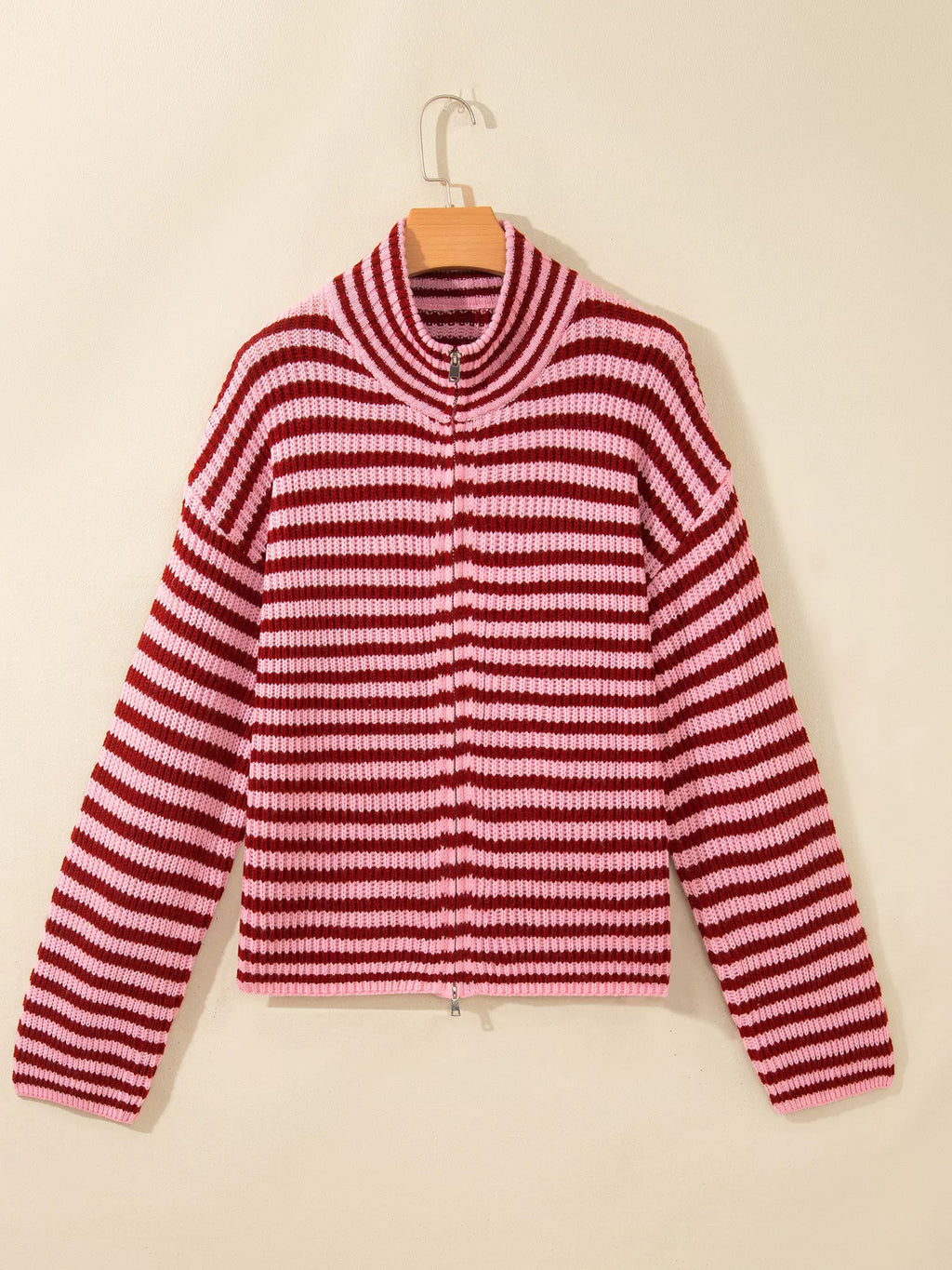 Striped High Neck Zip-up Sweater Long Sleeve Casual Fit Drop Shoulder Open Front Cardigan