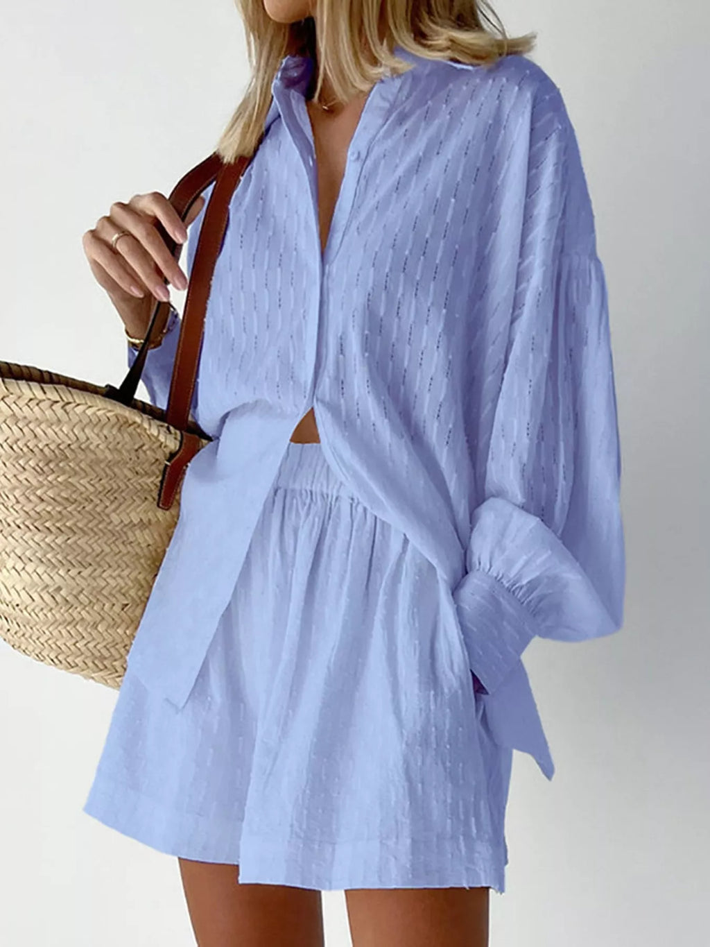 Textured Button-Down Shirt and Shorts Set