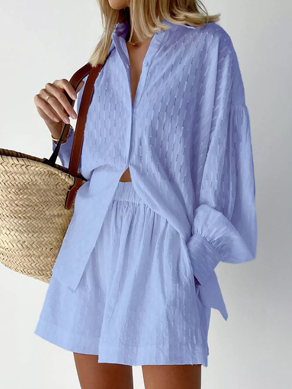 Textured Button-Down Shirt and Shorts Set