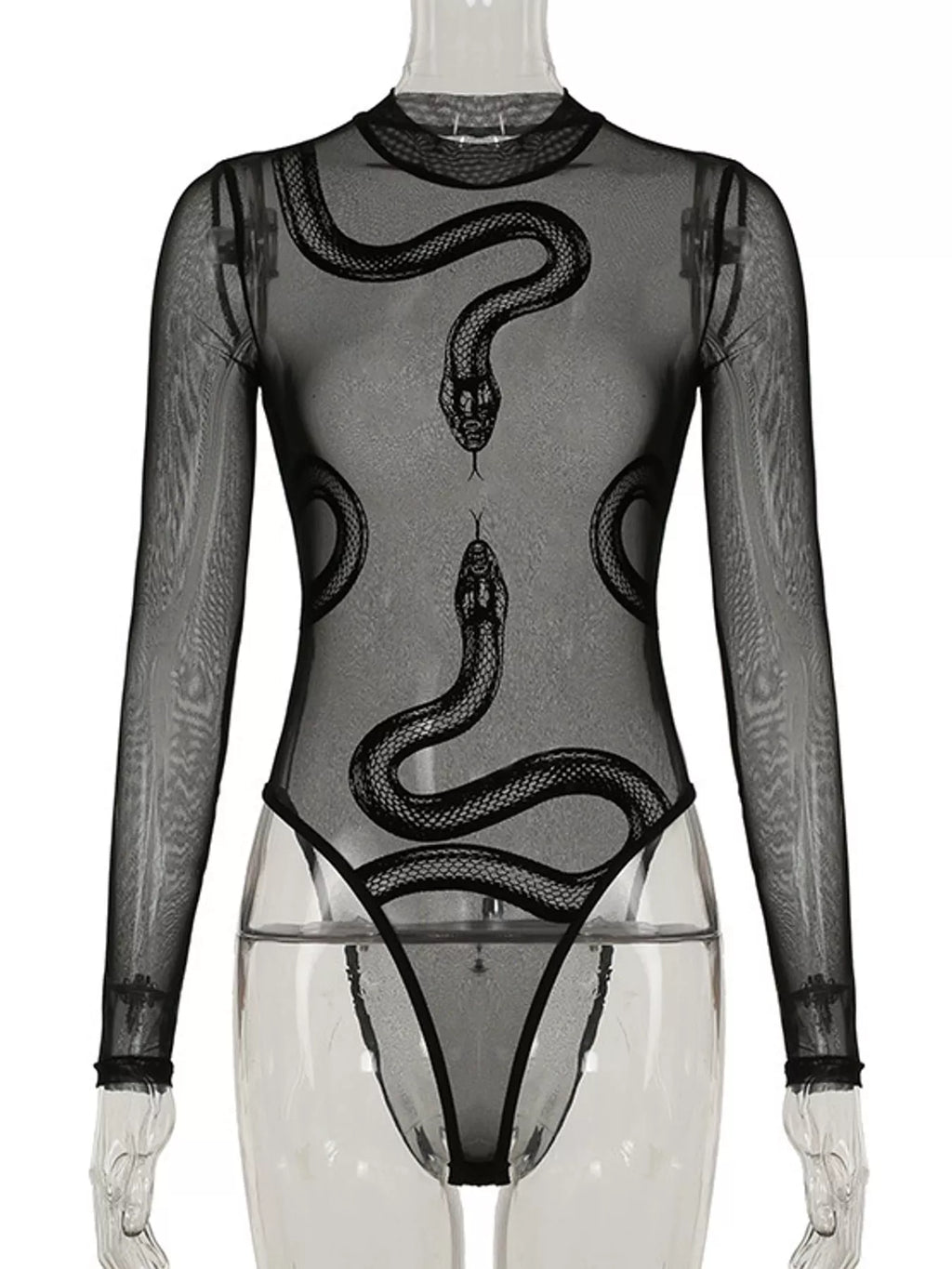 Sheer Mesh Snake Print Long Sleeve Bodysuit