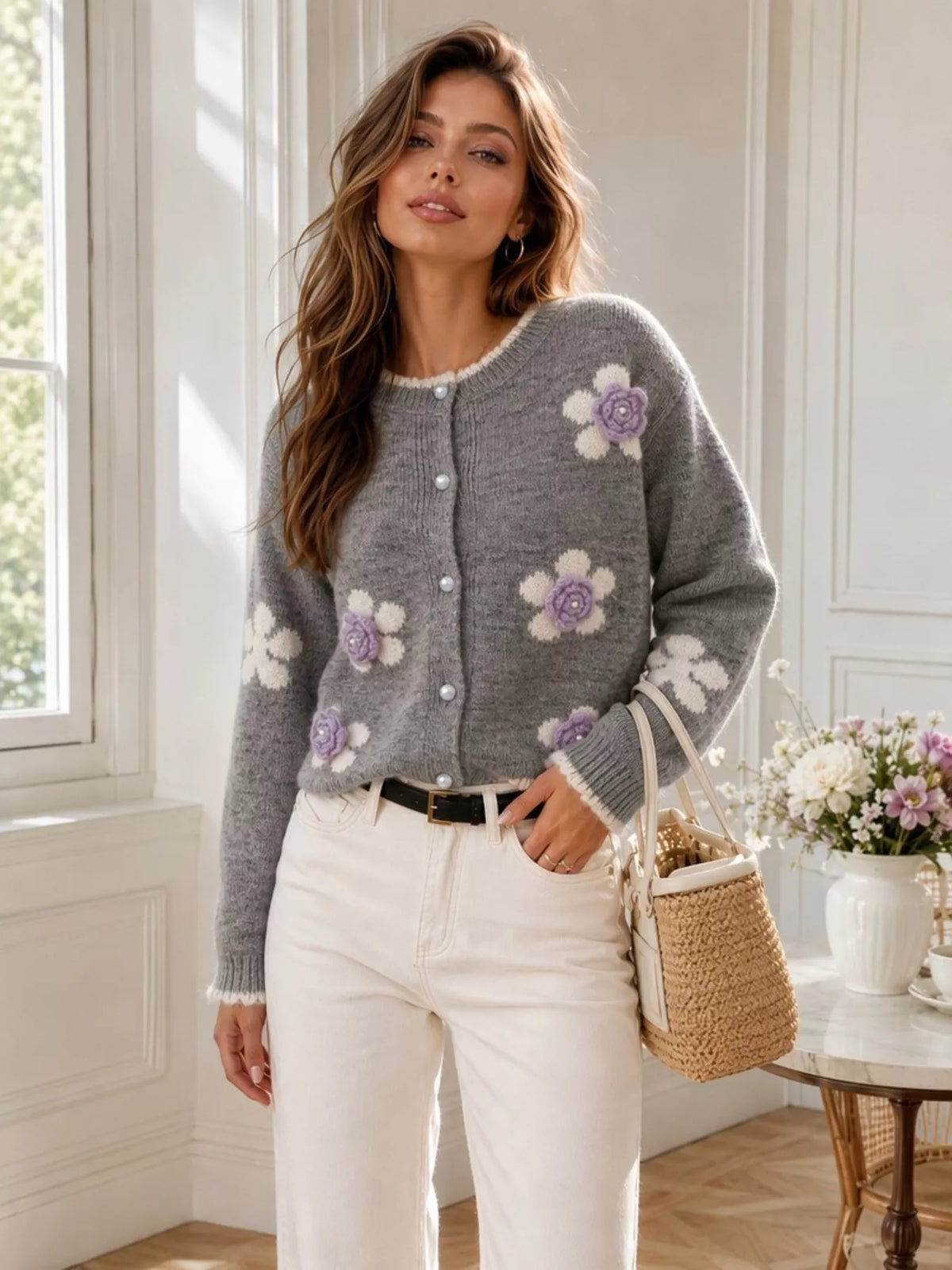 Floral Applique Button-Down Knit Cardigan