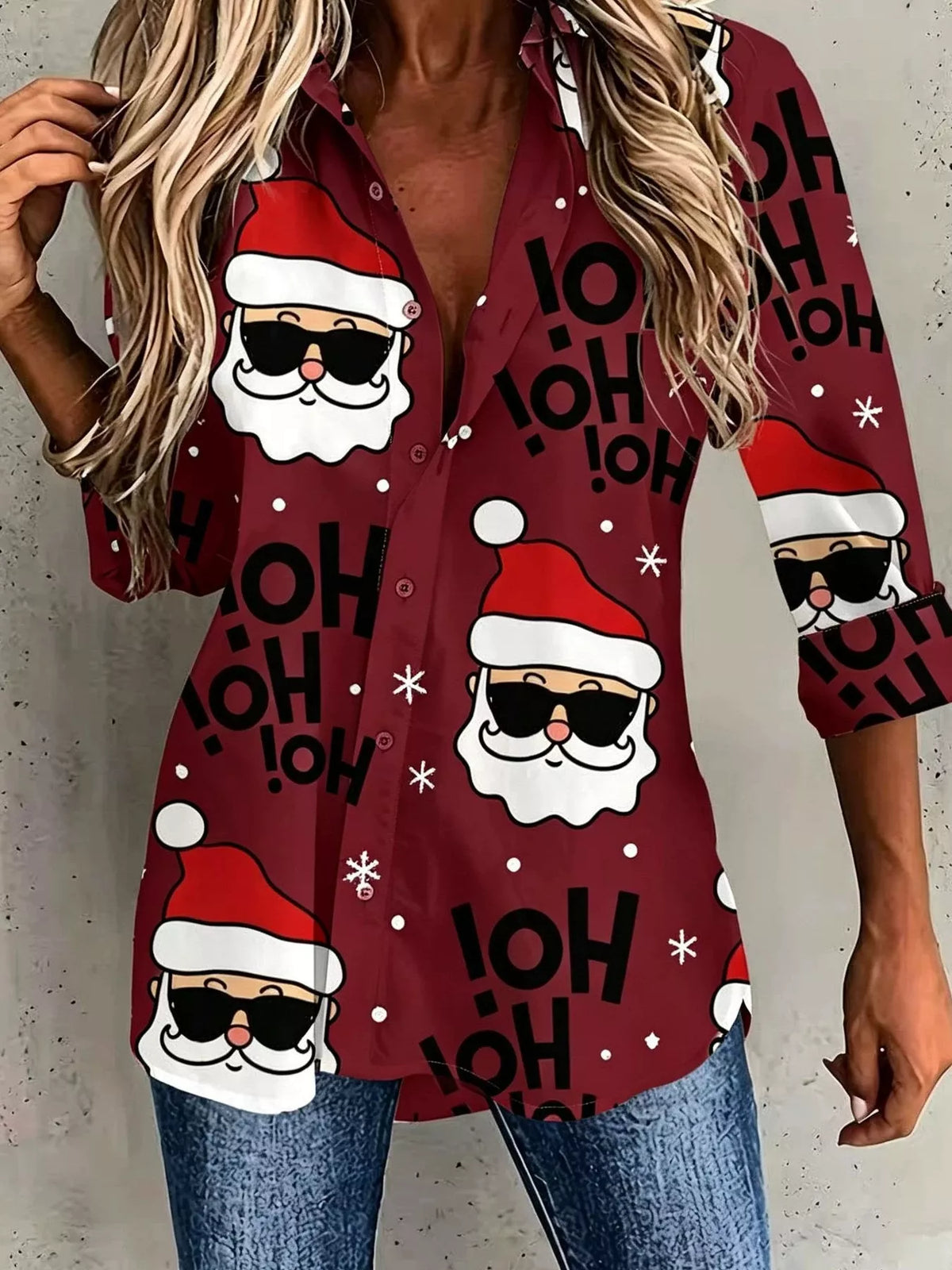 Full Size Christmas Santa Claus Print Button-Down Shirt Plus Size