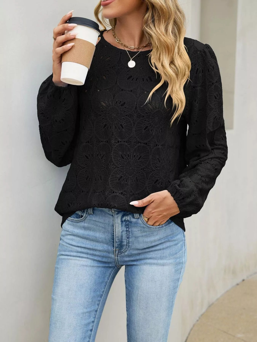 Floral Eyelet Lace Long Sleeve Blouse