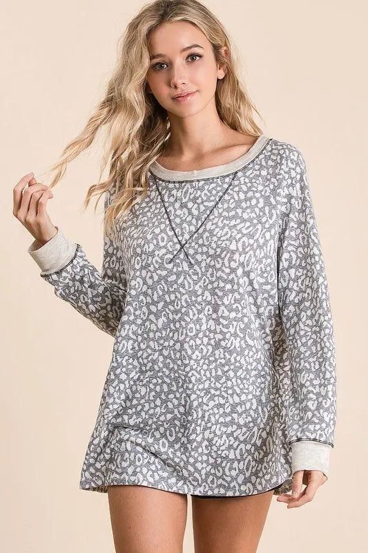 BiBi Leopard Round Neck Long Sleeve T-Shirt