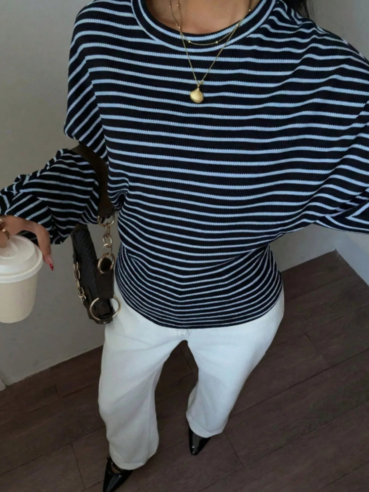 Casual Striped Long Sleeve Batwing T-Shirt