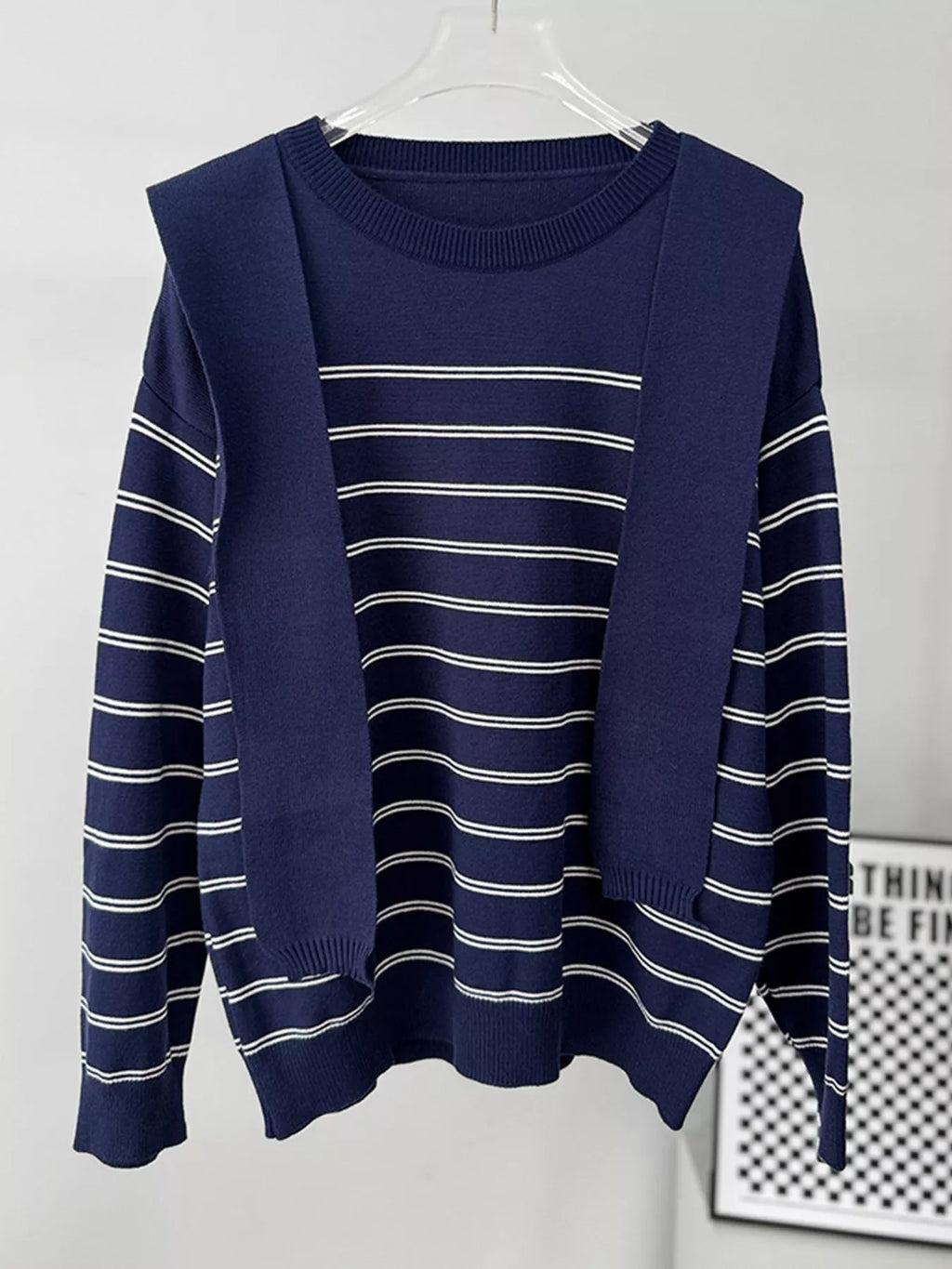 Classic Striped Crewneck Knit Top with Layered Sweater Detail
