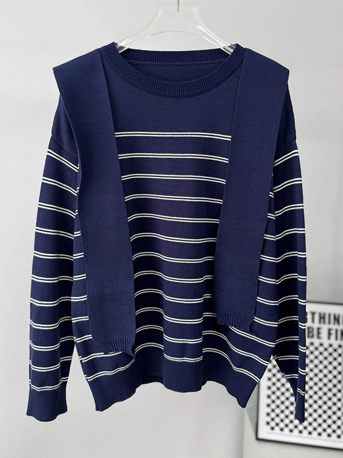 Classic Striped Crewneck Knit Top with Layered Sweater Detail