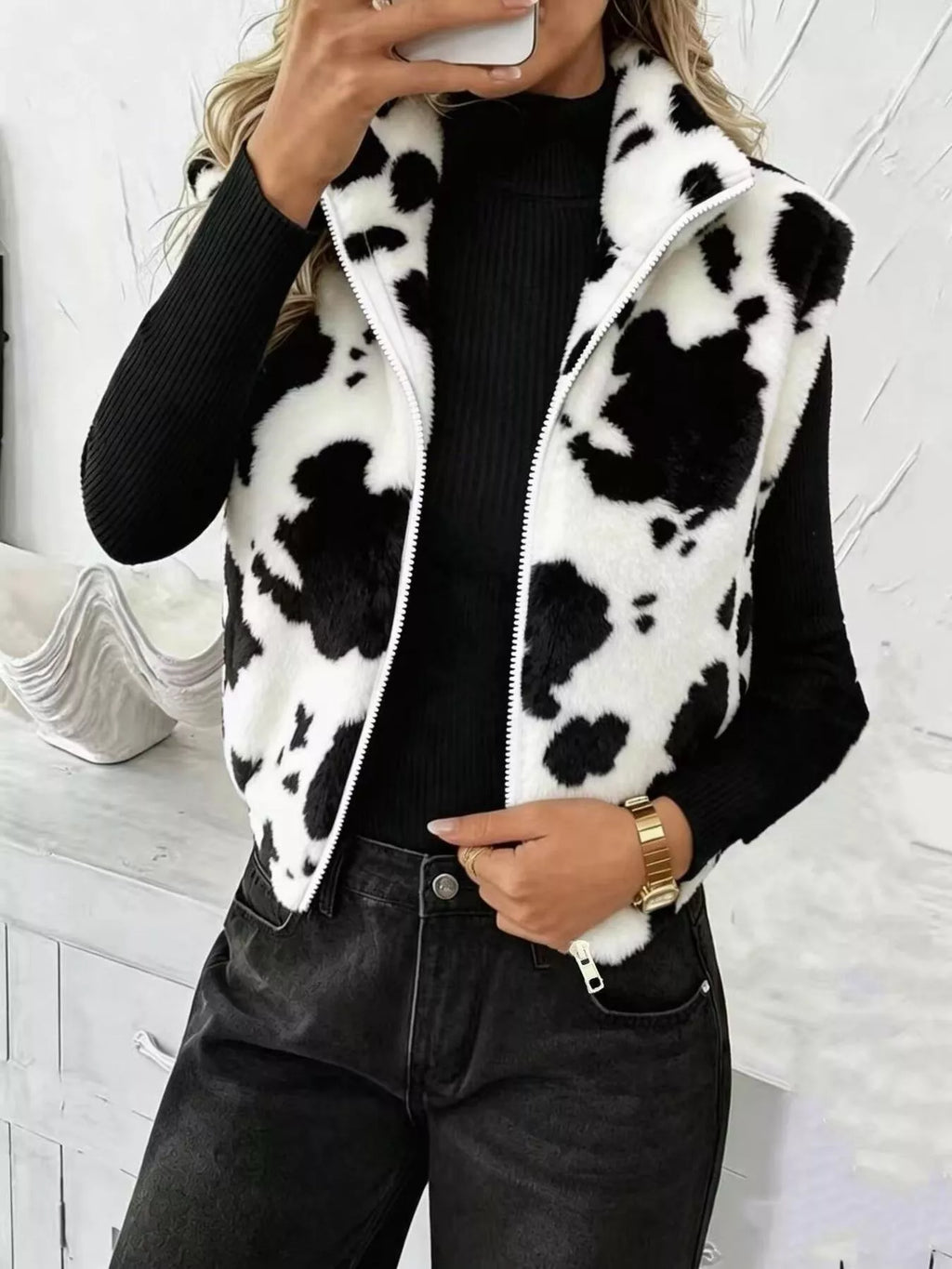 Animal Print Zip Up Vest Coat