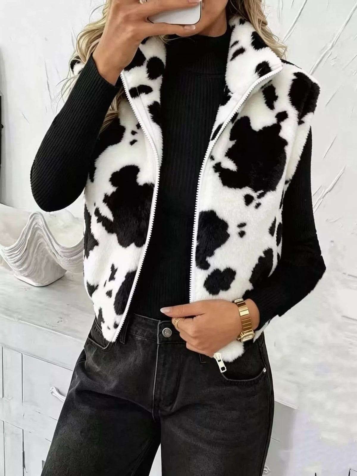 Animal Print Zip Up Vest Coat