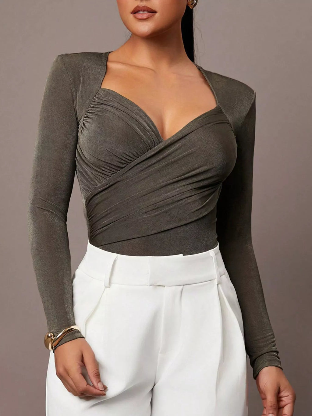Ruched Surplice Long Sleeve Bodysuit