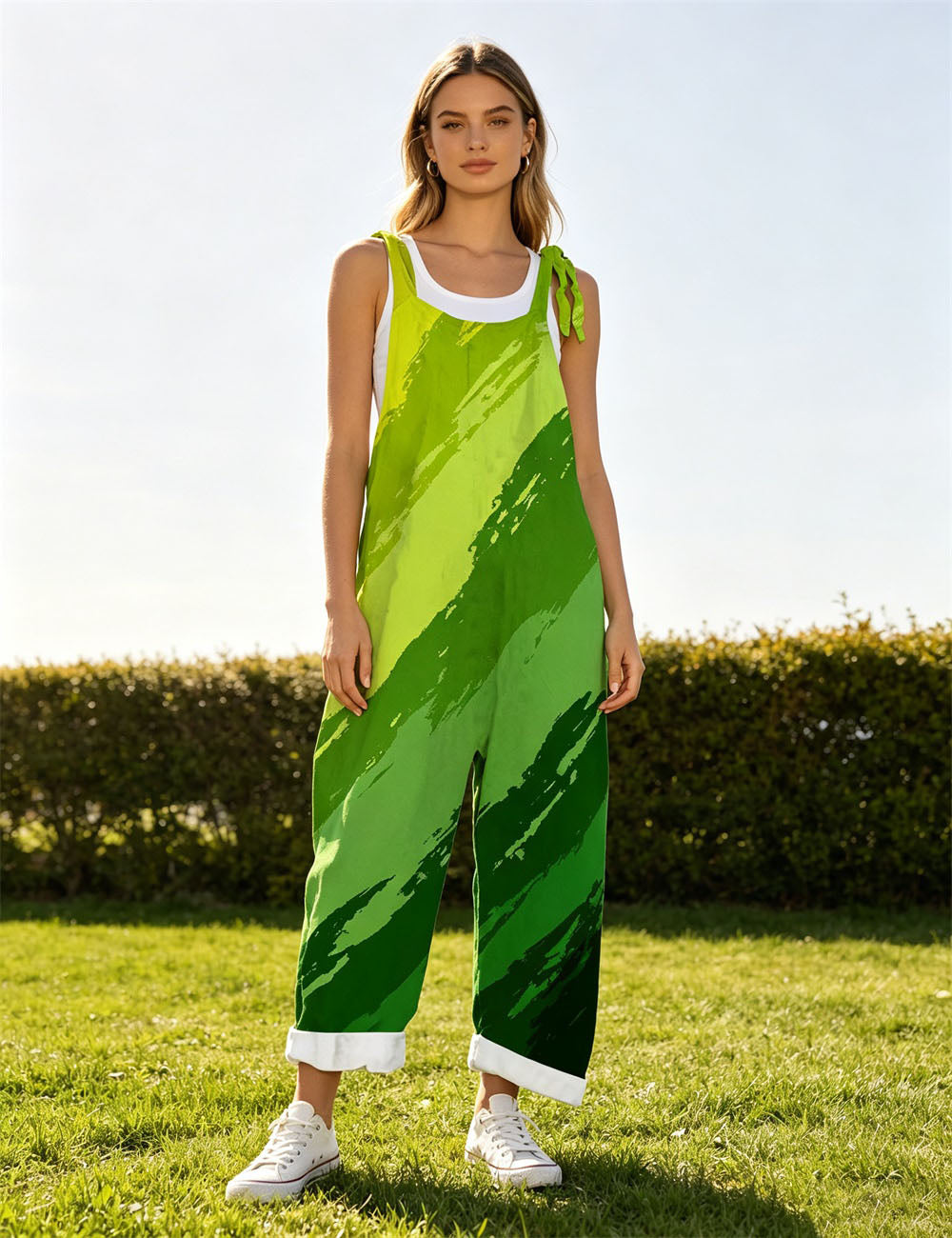 Women Green Gradient Wave Print Tie Strap Overalls, Loose Wide Leg Rolled Cuff Casual Jumpsuit With Pockets