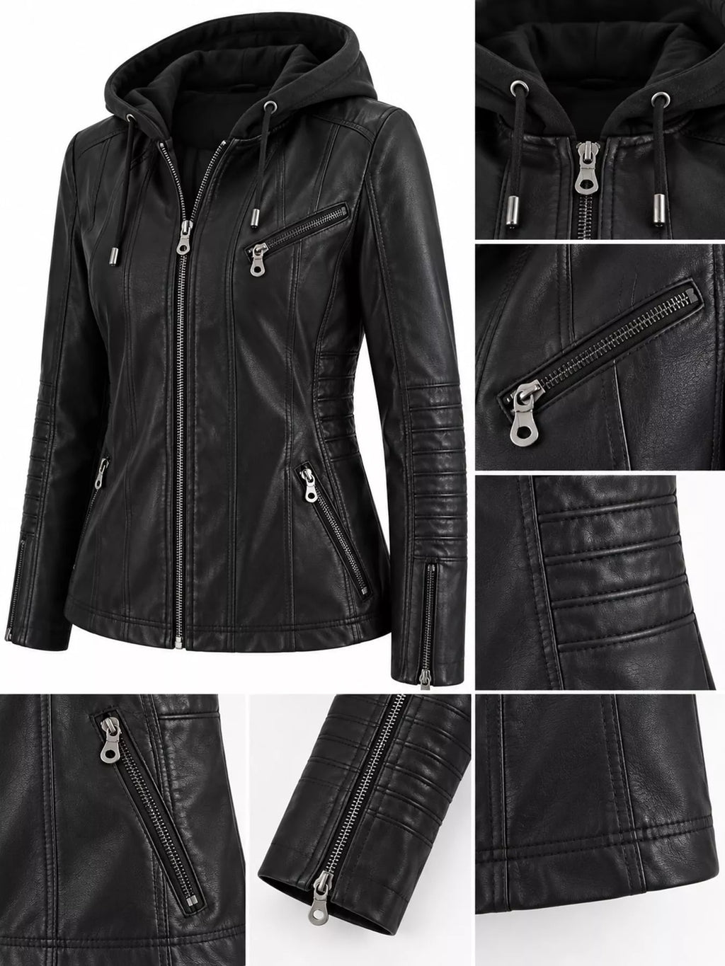 Full Size Detachable Hooded Faux Leather Moto Jacket Plus Size