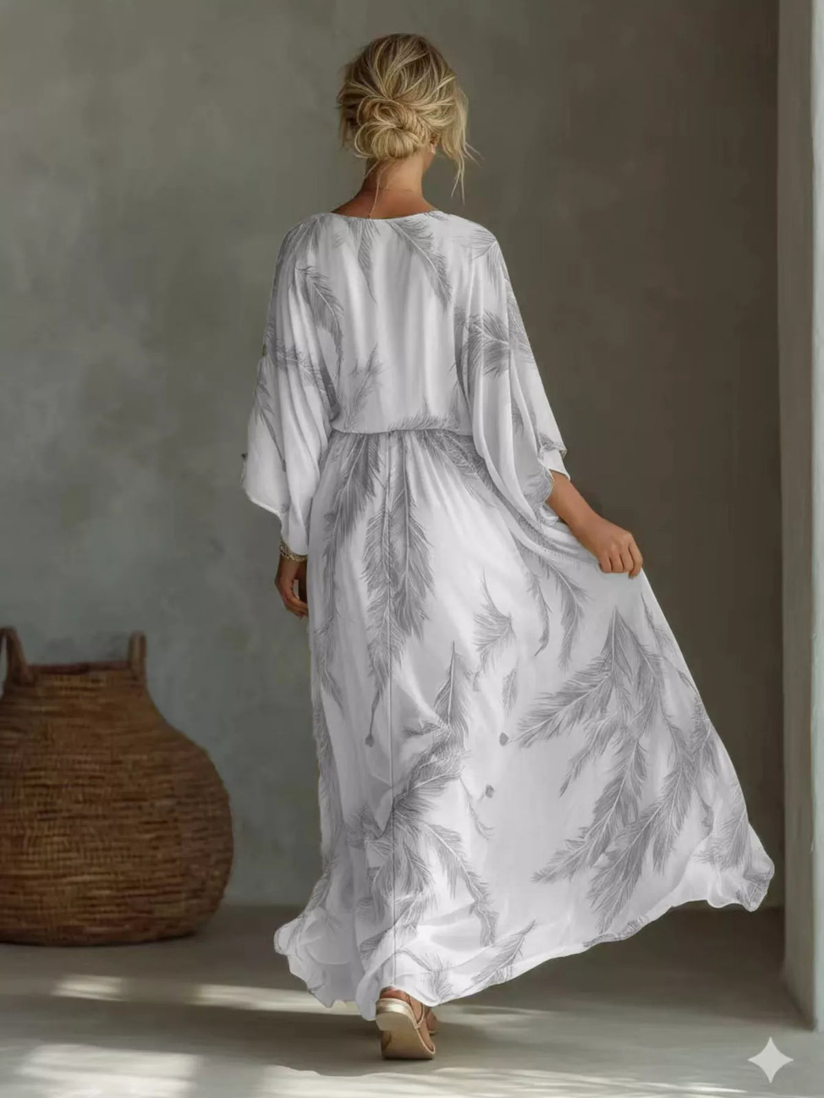Full Size Feather Print V-Neck Flowy Maxi Dress Plus Size