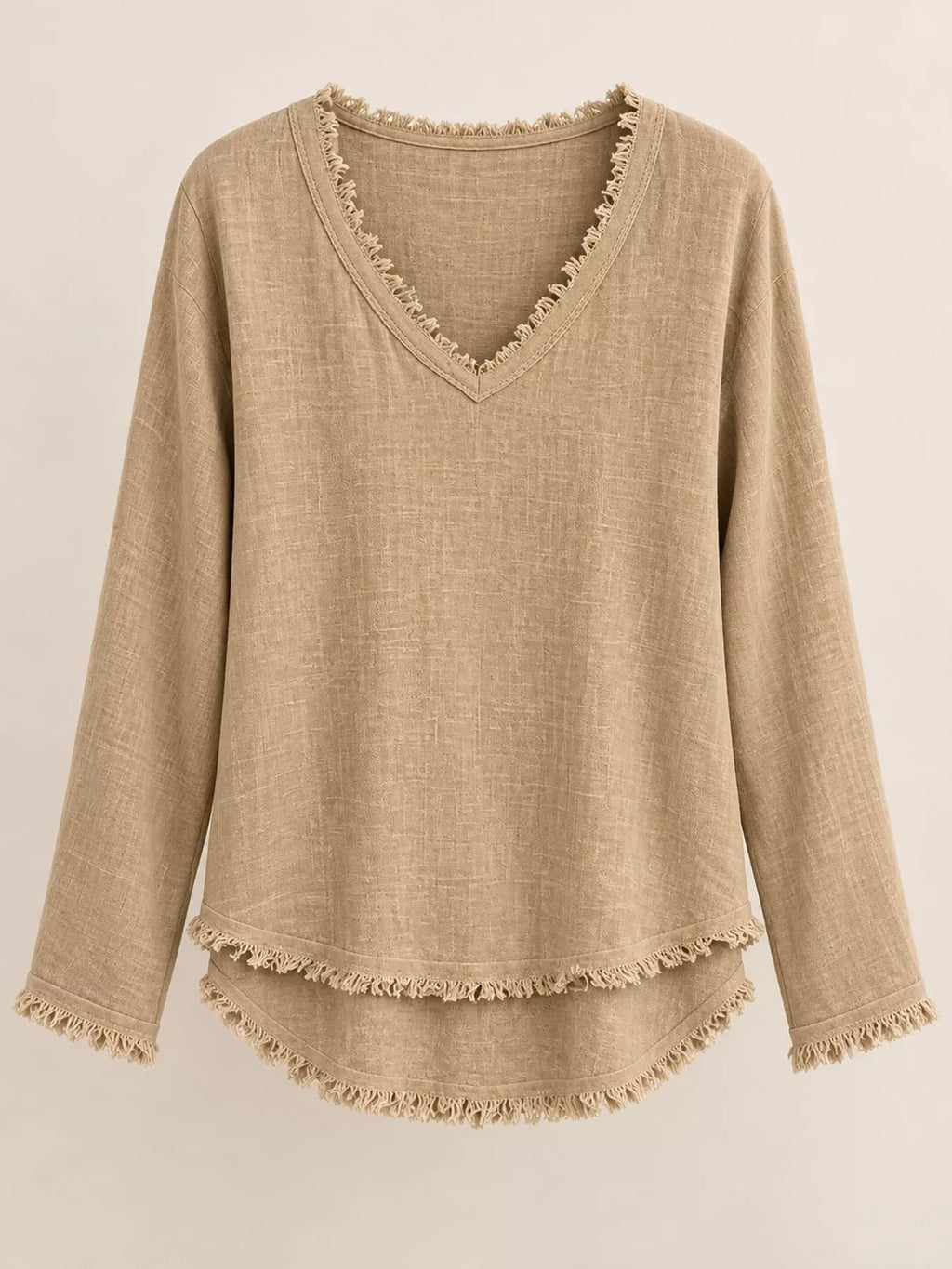 Full Size Frayed Hem V-Neck Long Sleeve Blouse Plus Size