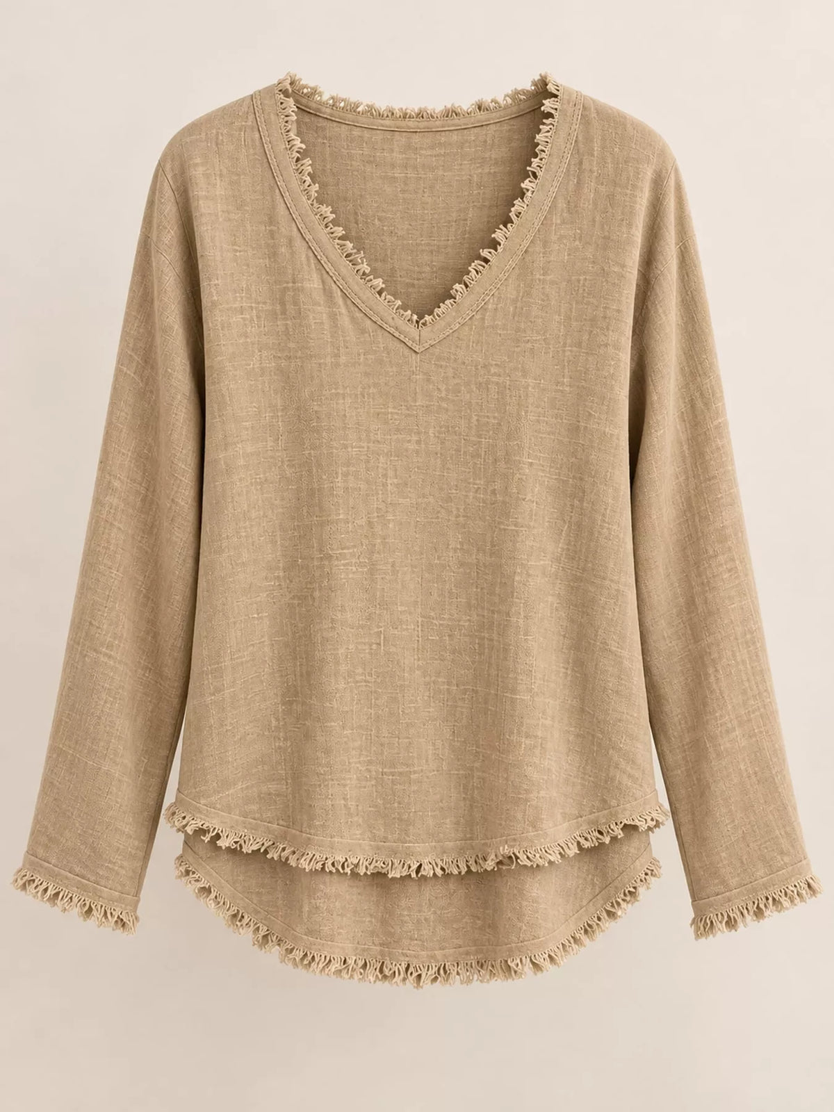 Full Size Frayed Hem V-Neck Long Sleeve Blouse Plus Size