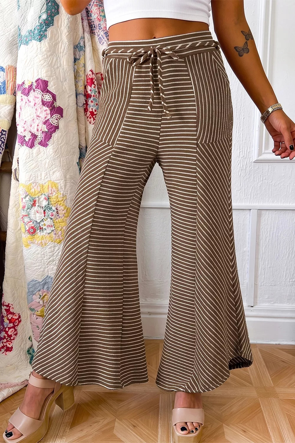 Stripe Patchwork Design Wide Leg Casual Pants
