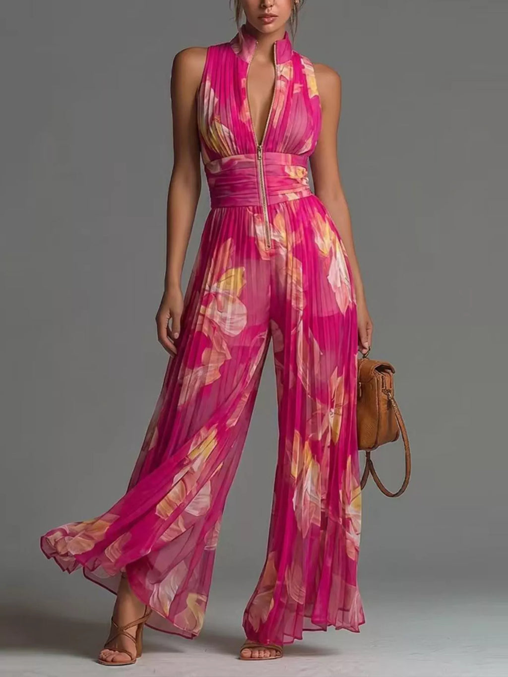 Sleeveless Pleated Wide-Leg Jumpsuit with Front Zipper