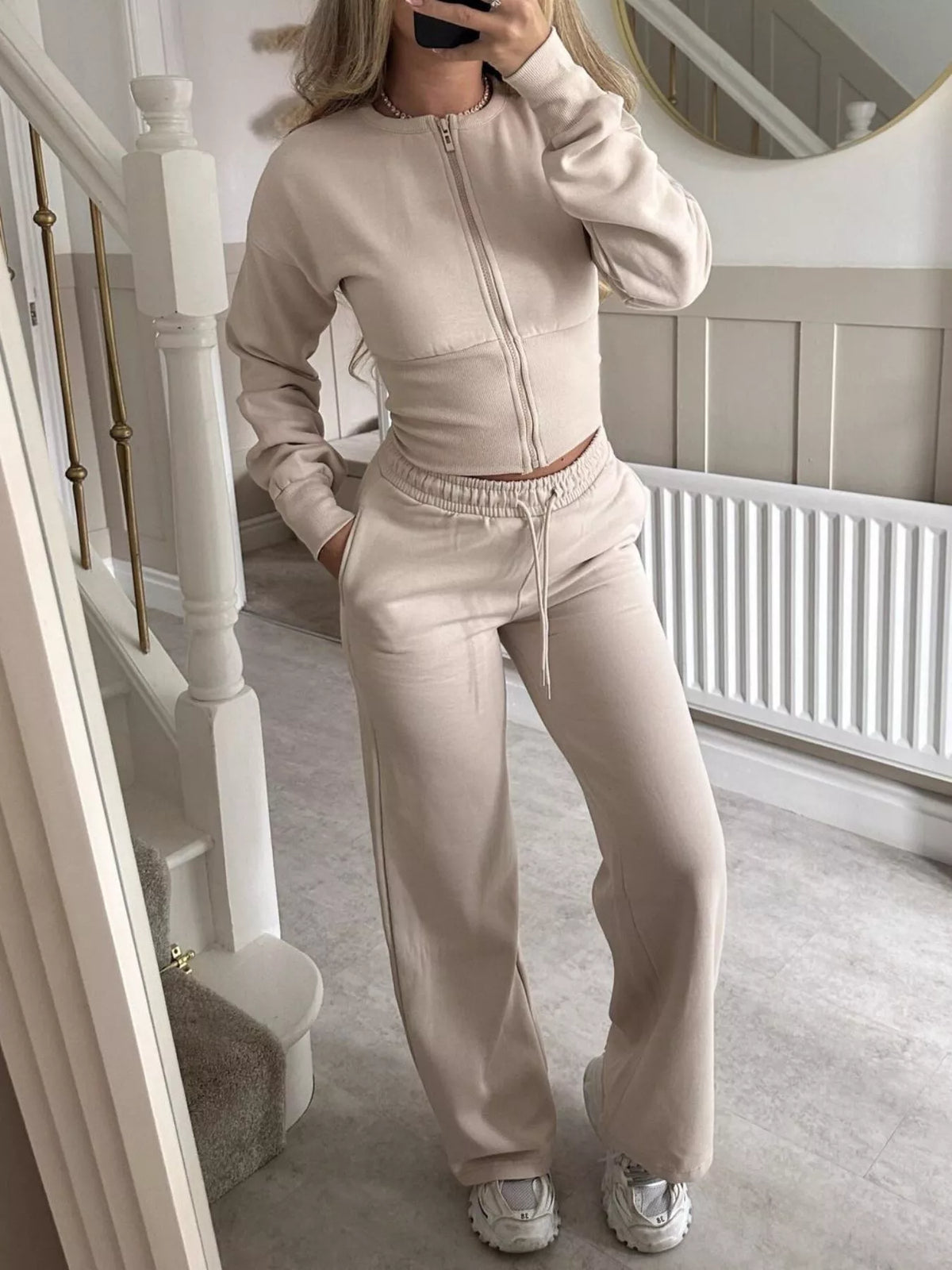 Zip-Up Crop Hoodie and High-Waisted Pants Set