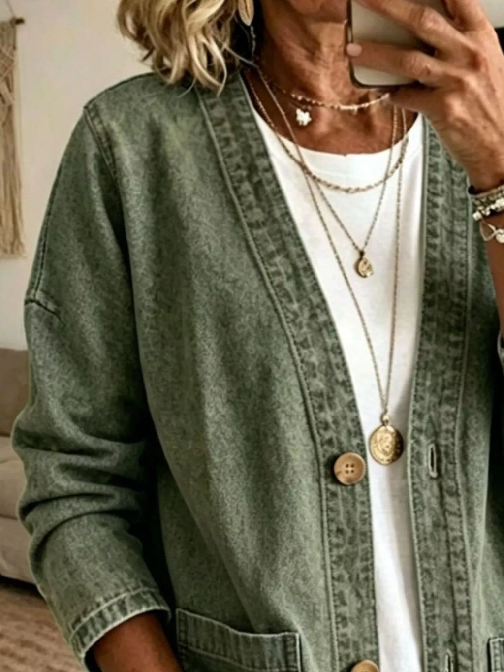 V-Neck Button-Down Denim Jacket