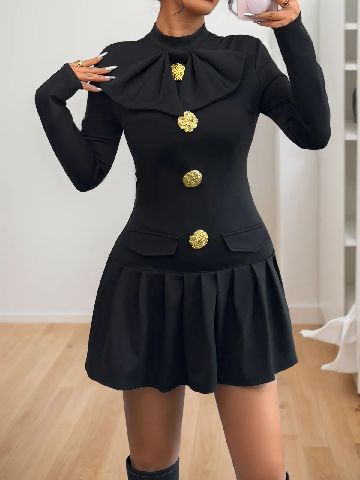 Decorative Button Mock Neck Long Sleeve Mini Dress