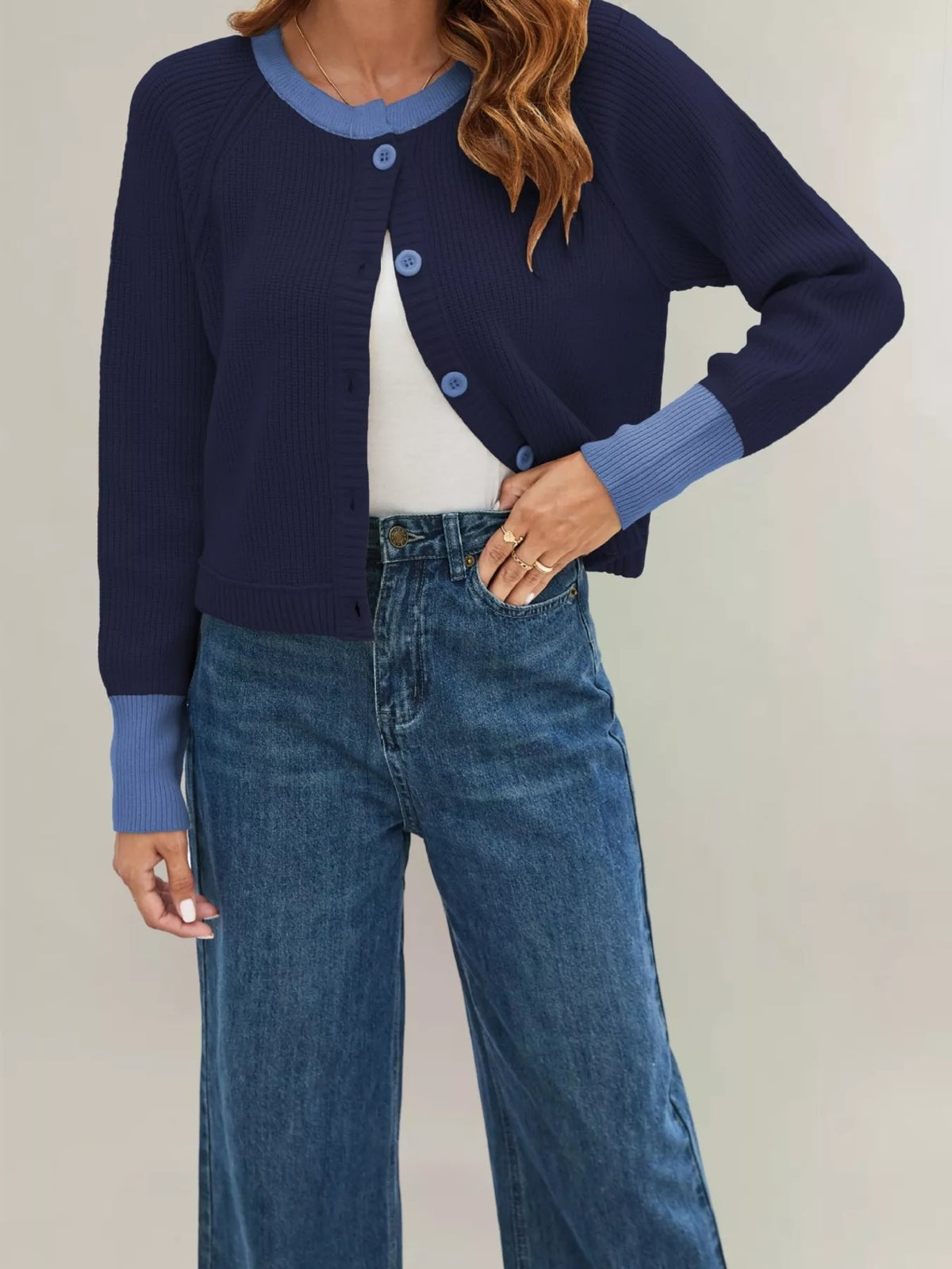 Color Block Ribbed Knit Button-Front Cardigan