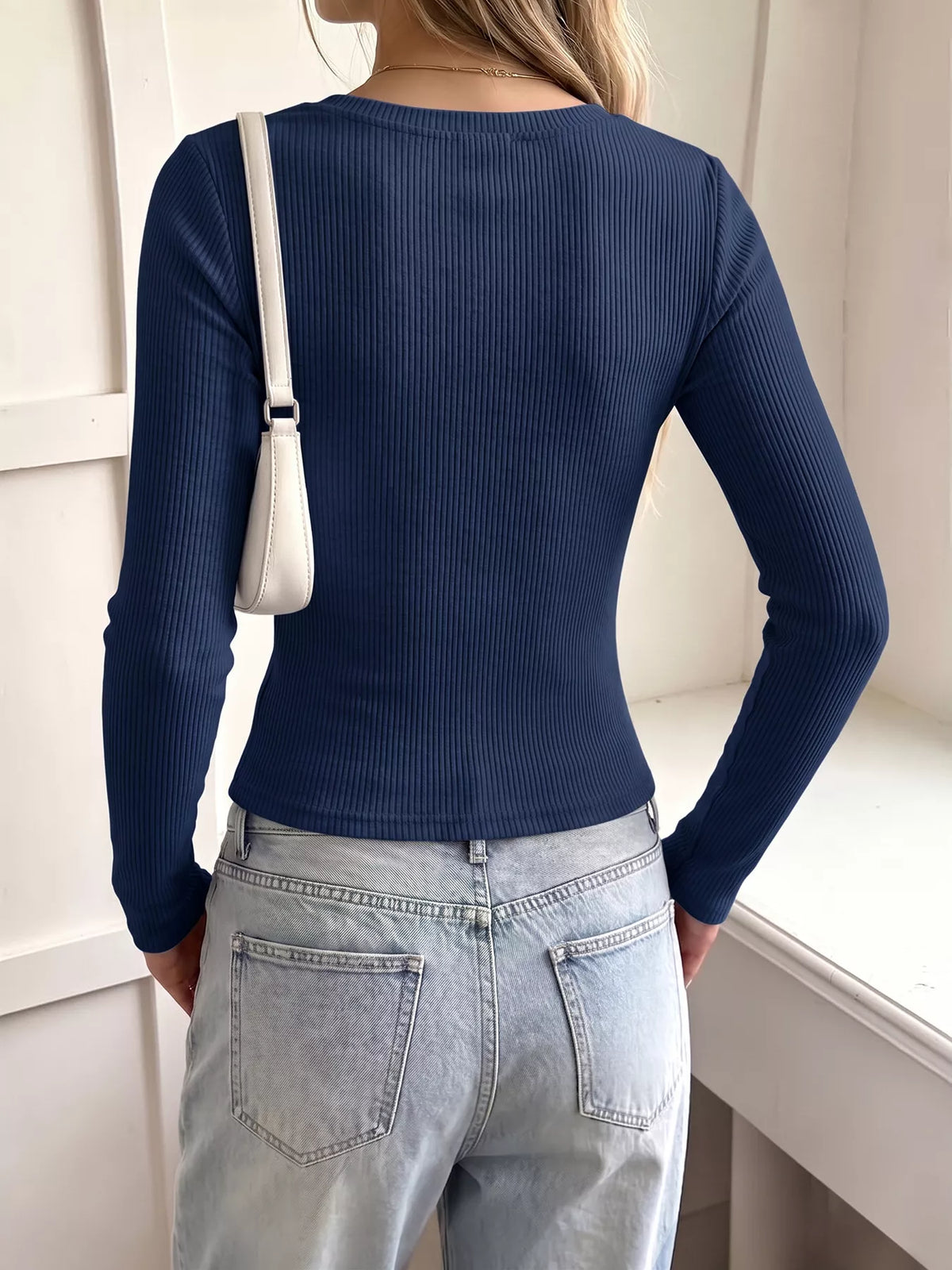 Lace Trim Ribbed Knit Long Sleeve T-Shirt
